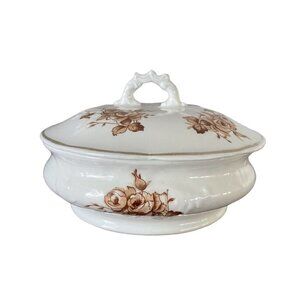 Vintage Anchor Pottery Semi Porcelain Trinket Box/Powder Brown Floral Trenton NJ
